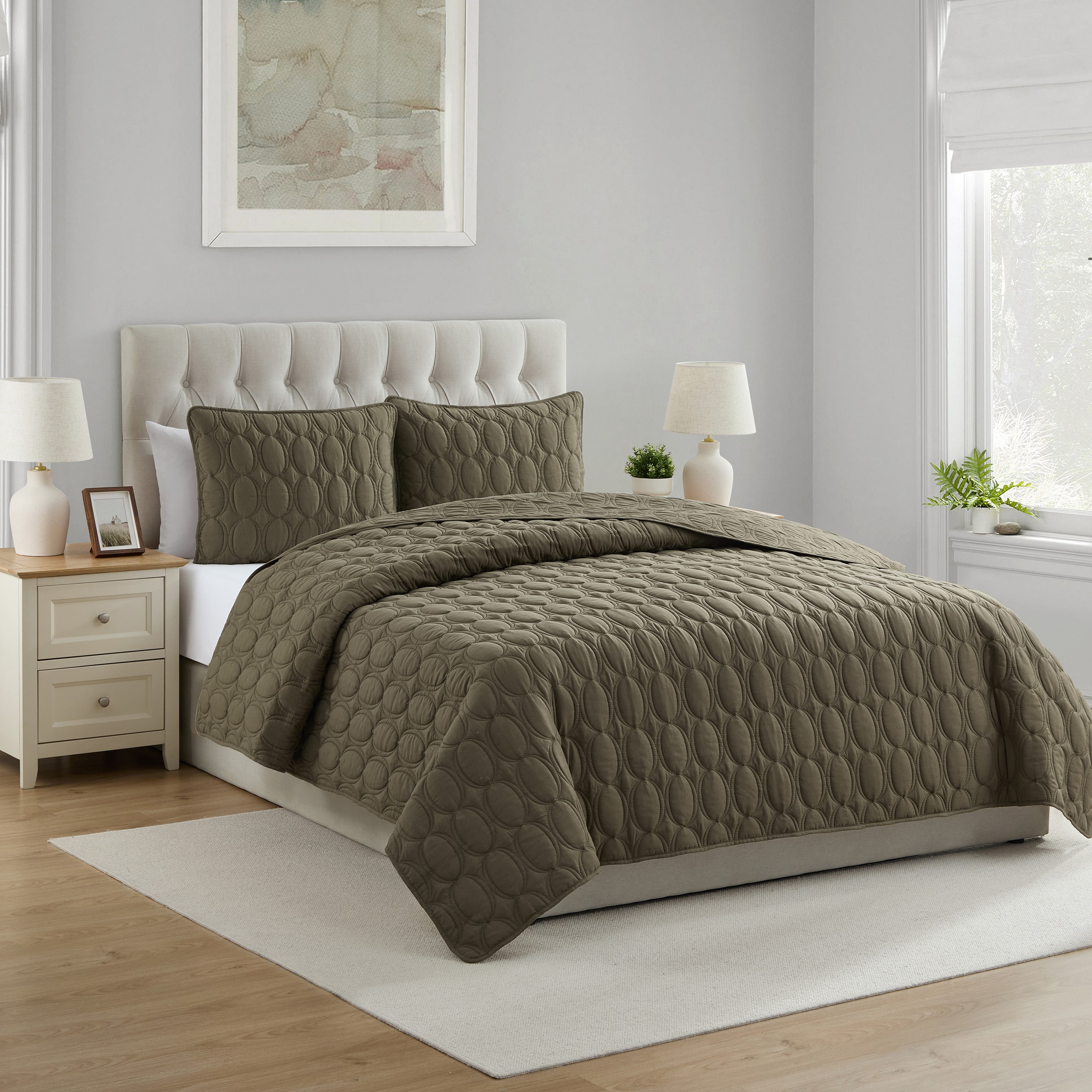 VCNY Home Circles 3-Piece Olive Geometric Pinsonic Quilt Set, King, Adult, Unisex