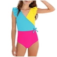 thumbnail image 2 of YTCAMLO Little Girls One Piece Swimsuits Summer Fashion Color Block Patchwork V Neck Ruffle Sleeve Bathing Suits Quick Dry Beach Swimwear, Yellow 7-8 Years, 2 of 8