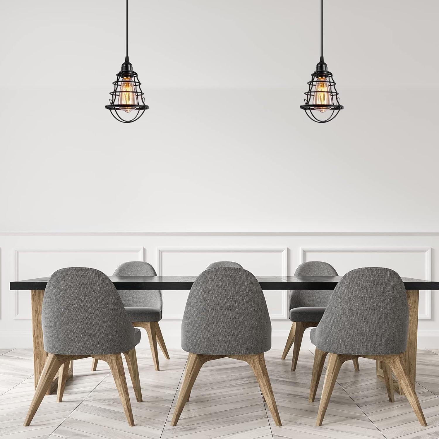Industrial Pendant Light Adjustable Flush Mount Ceiling Lighting for Kitchen Island Living Room Bedroom Hallway Vintage Hanging Pendant Lights Fixture with Metal Cage Shade, Black