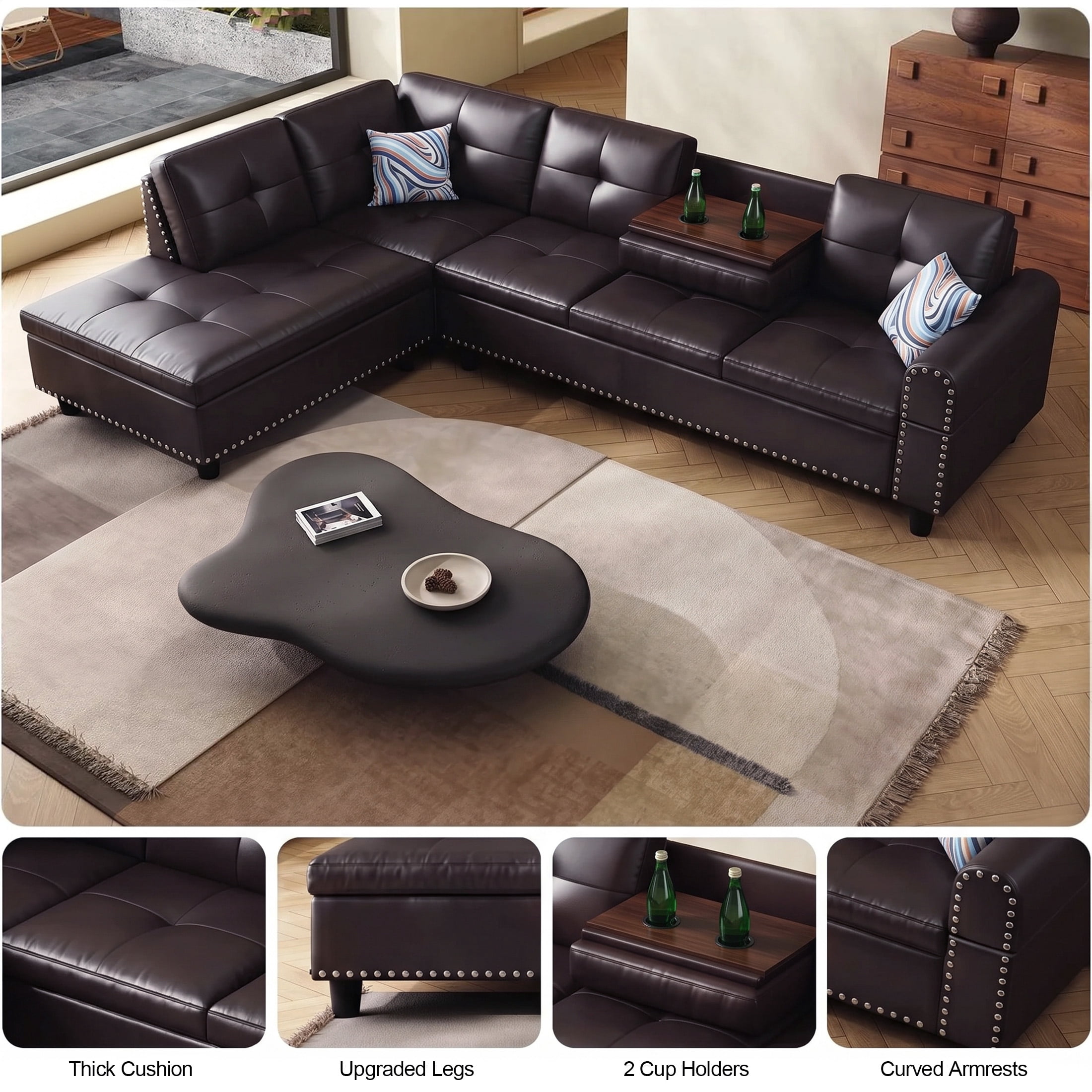 AENKYO 98" L-Shaped Sectional Sofa with Reversible Chaise and Cup Holders, Faux Leather, Brown