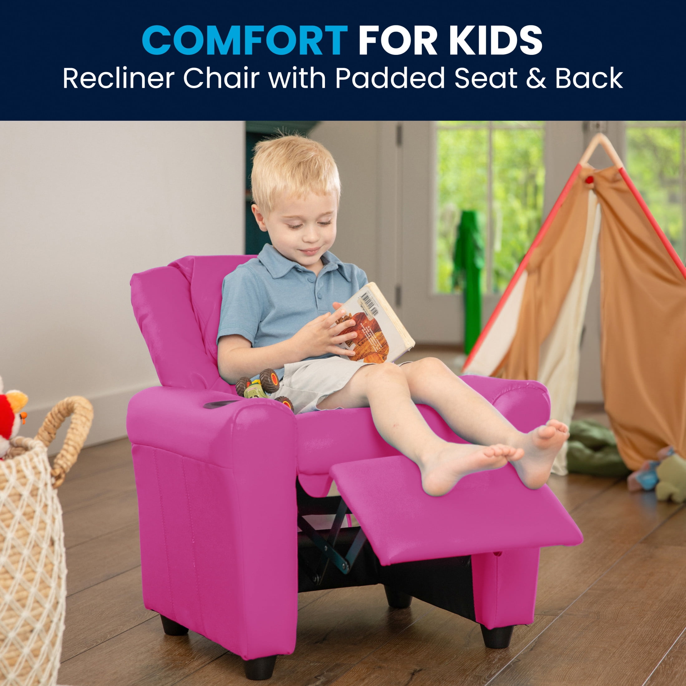 Flash Furniture Vana Contemporary Hot Pink Vinyl Kids Recliner with Cup Holder and Headrest