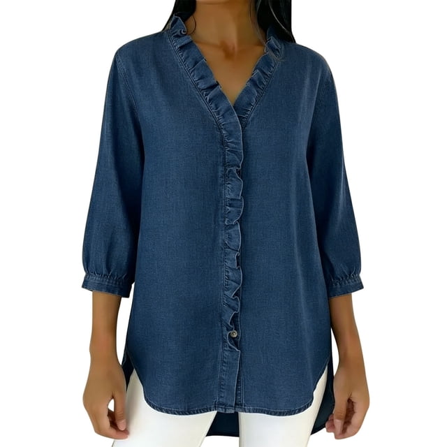 Tops de Verano de Mujer con Mangas Casual Faux Denim Cuello en V Ruffled Tres Cuartos de Manga Blusa, Ligero Y Cómodo para el Uso Diario