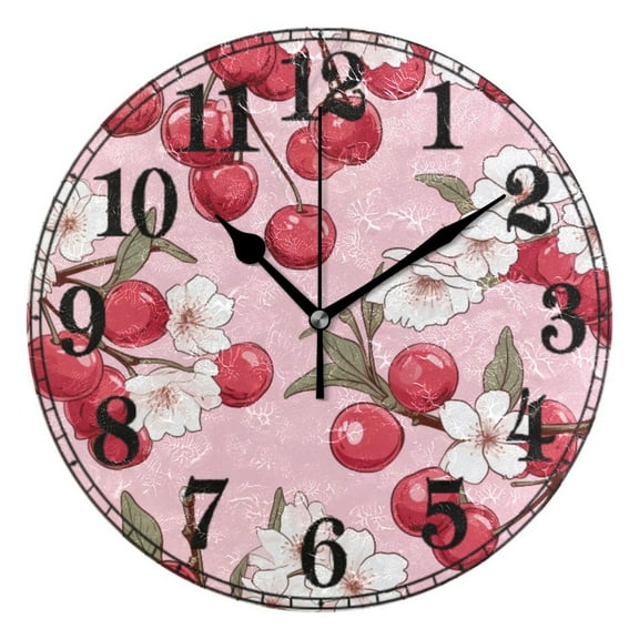 Cherry and Flowers Pink 10" Silent Wall Clock Non-Ticking Battery Clocks