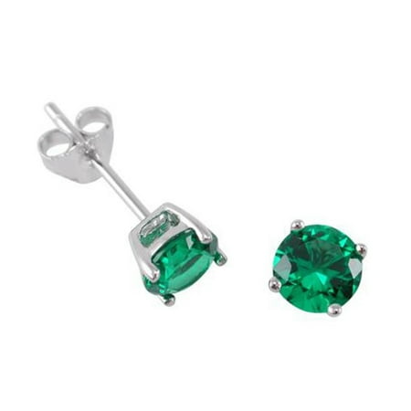 Sterling Silver Emerald Round 1 Ct Cubic Zirconia Stud Earrings
