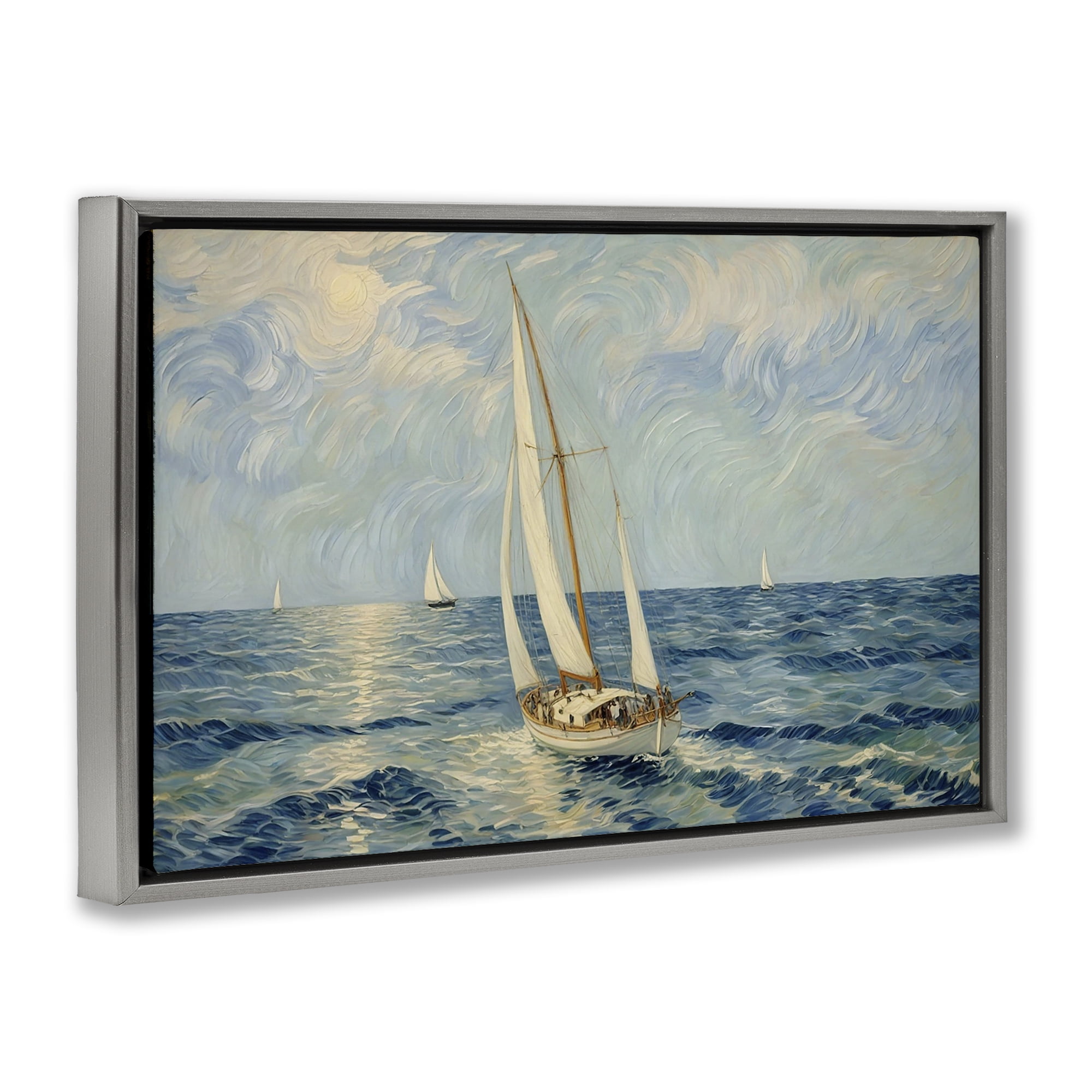 Stupell Industries Sailing Yacht on Blue Sea Gray Framed Floater Canvas Wall Art, design by Angie Hawke