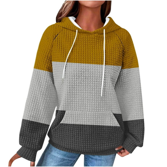 Womens Waffle Knit Graphic Hoodie with Pocket Drawstring Pullover Hooded Casual Sweatshirt Loose Fall Trendy Tops (XL, Yellow|Colorblock)