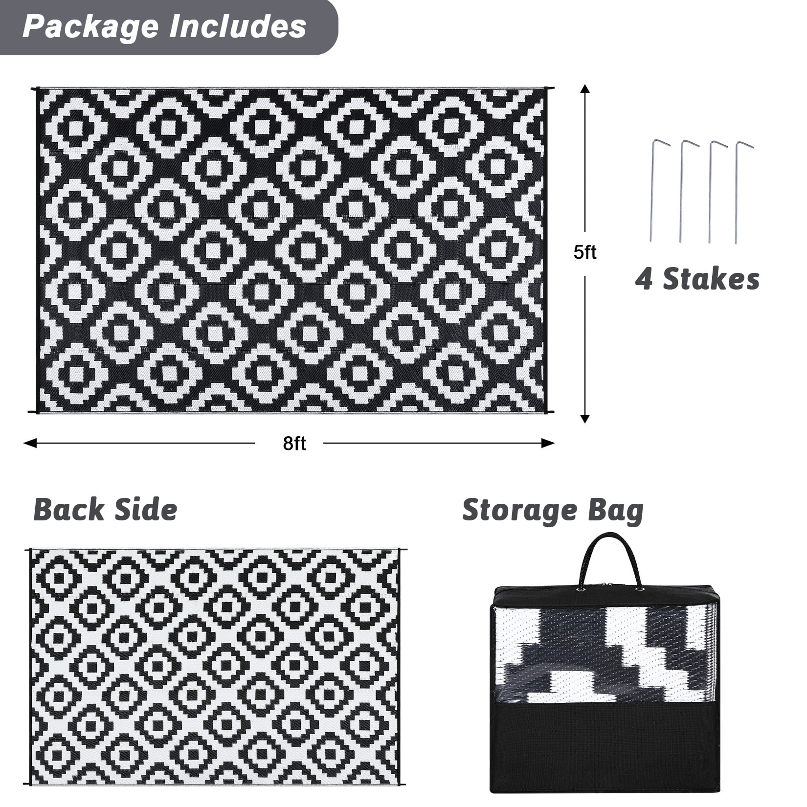 Twister.CK 9x18' Waterproof Outdoor Rug, Reversible Plastic Patio Rugs with Storage Bag, Portable Modern Indoor Outdoor Carpet for Camping, Balcony Deck Backyard, Black & White