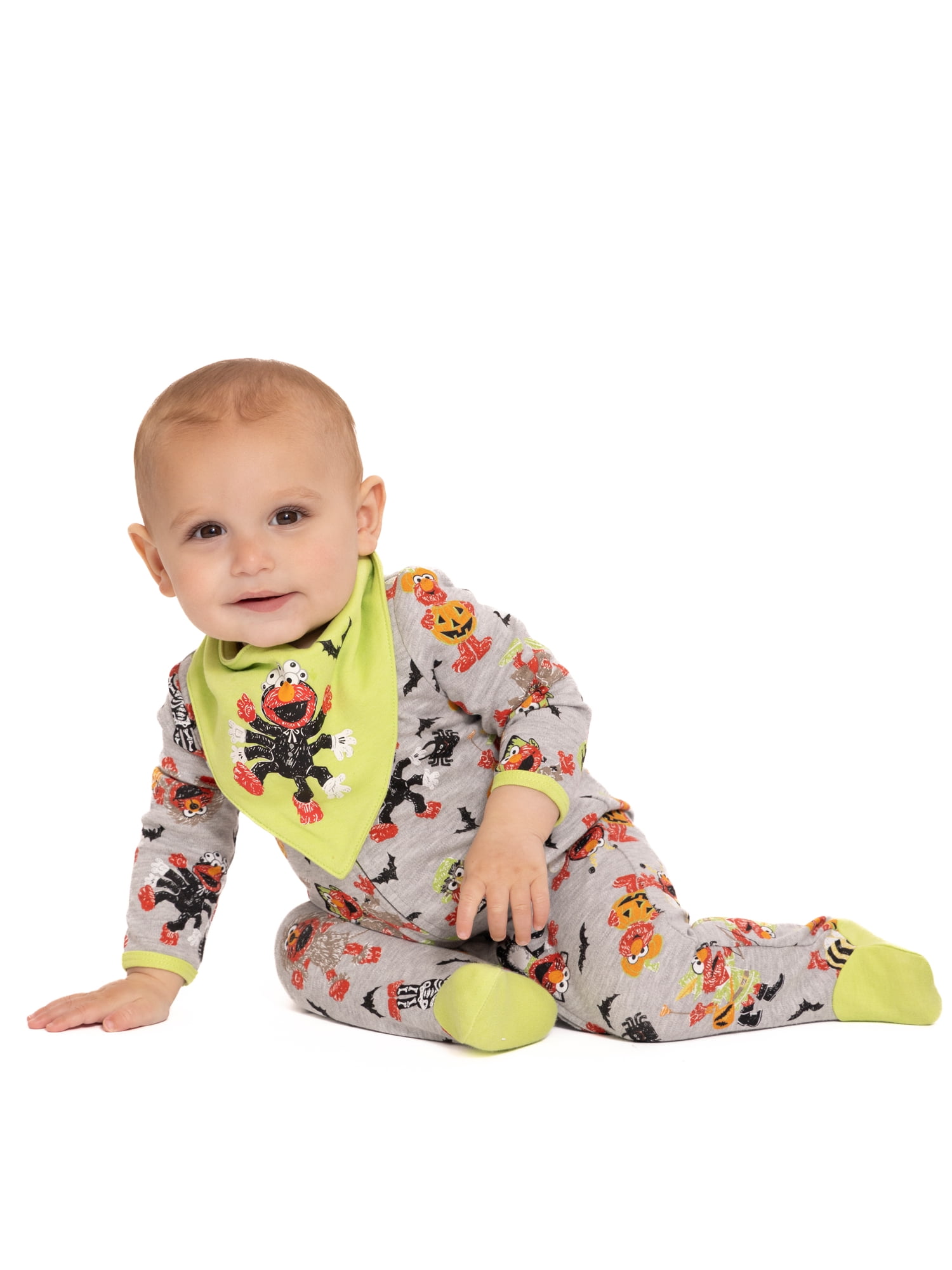 Halloween Sesame Street Elmo Baby Boys or Girls Footed Sleep N Play Pajamas and Bib Set, 2-Piece, Sizes 0M-9M
