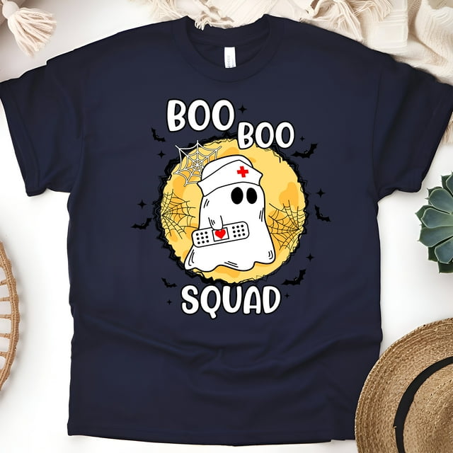 Boo Boo Squad Nurse T-Shirt | Cute Ghost Medical Graphic Tee, Navy, Size 2XL