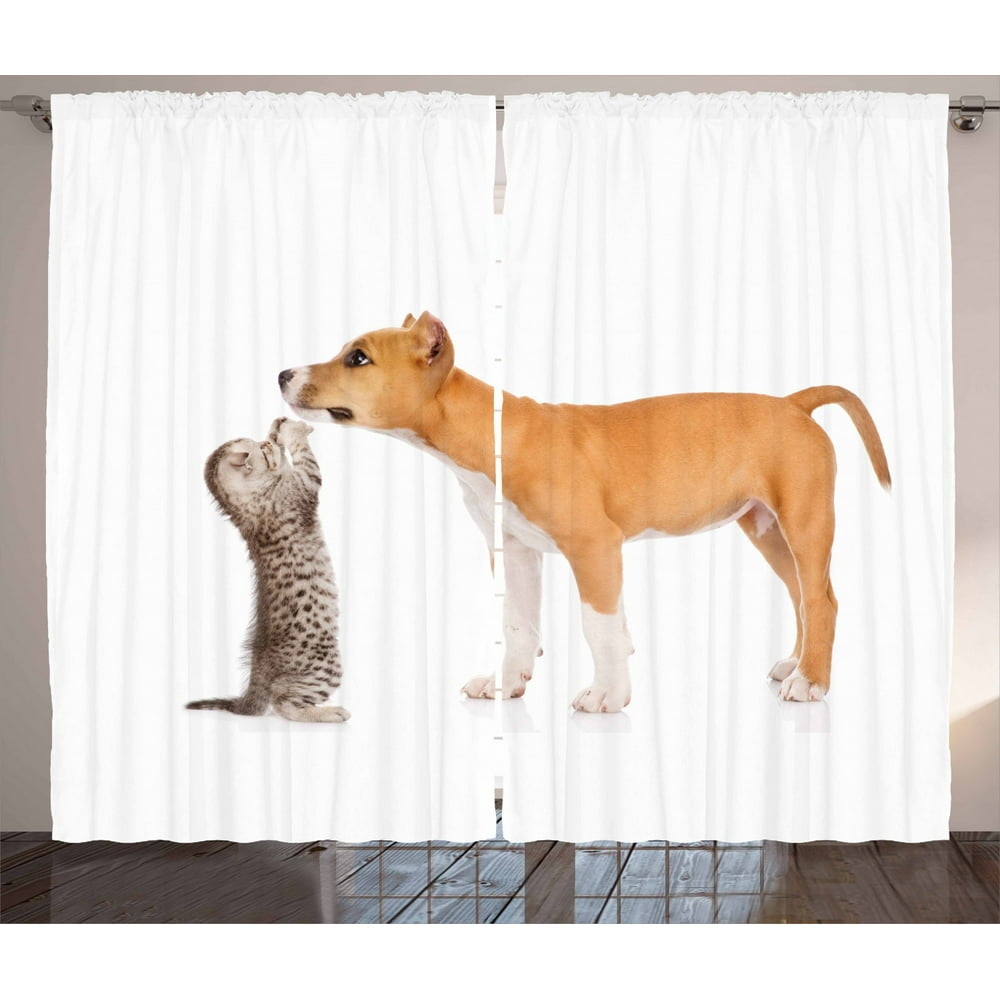Dog Curtains 2 Panels Set, Kitten Playing with Stafford Puppy Animal