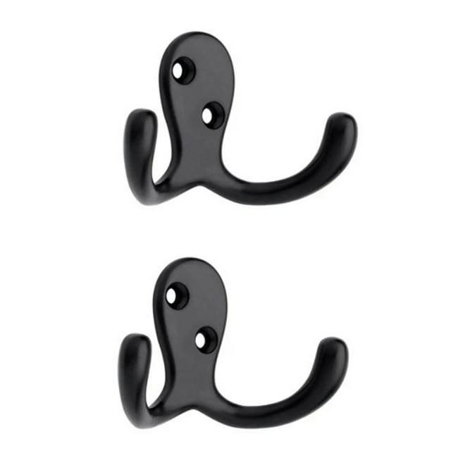 Two black era Welcome Hooks with dual prongs and two screw holes for wall mounting.
