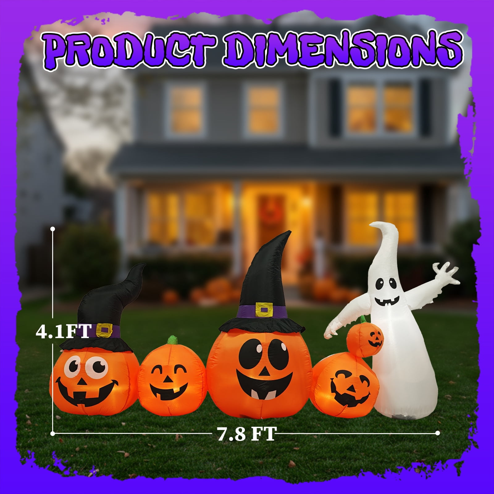 Astoutdoor 8 ft Long Halloween Inflatable Pumpkins and Ghost Outdoor Decoration with Built-in LED Lights