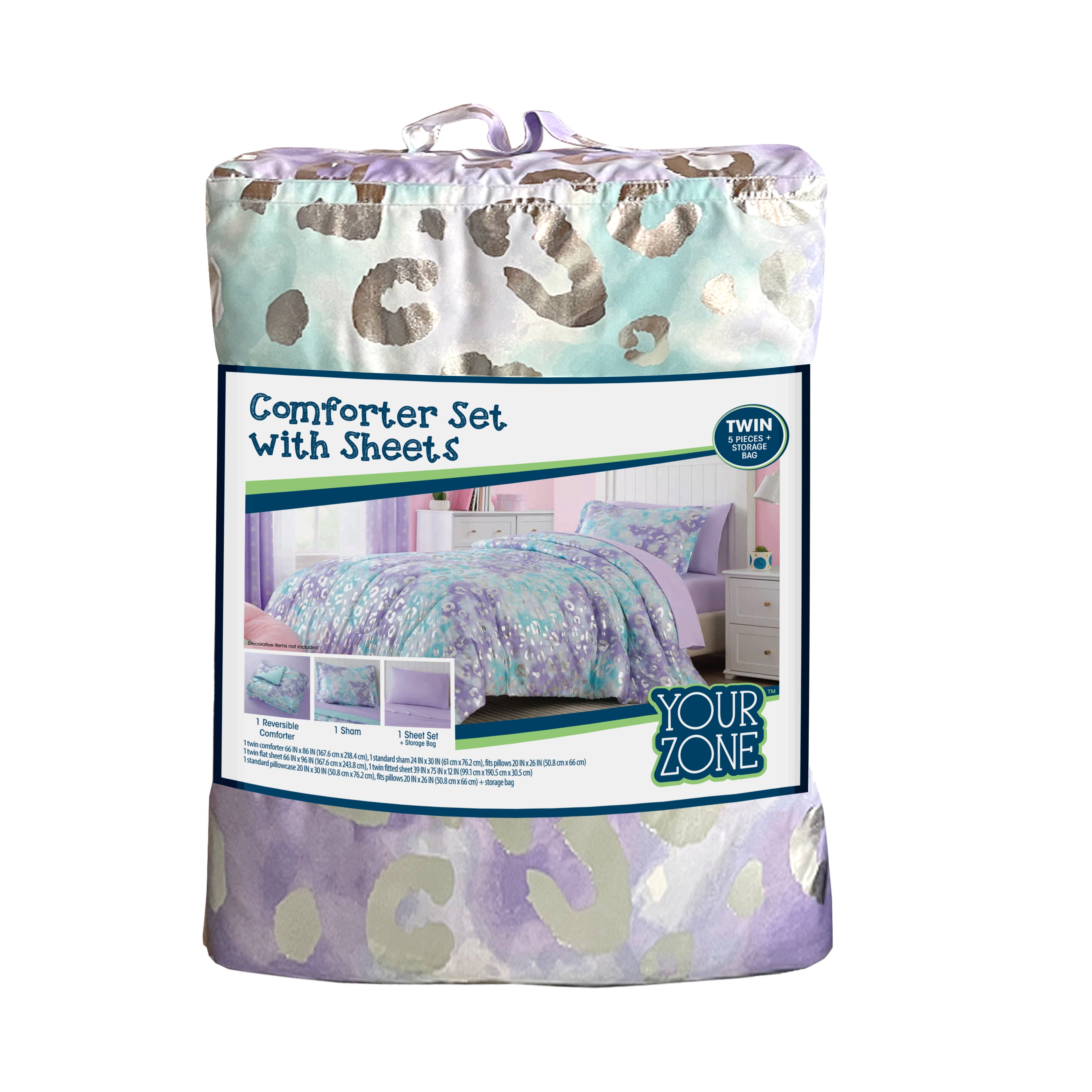 Your Zone 5-Piece Purple Metallic Foil Cheetah Bedding Set for Kids with Storage Bag, Twin