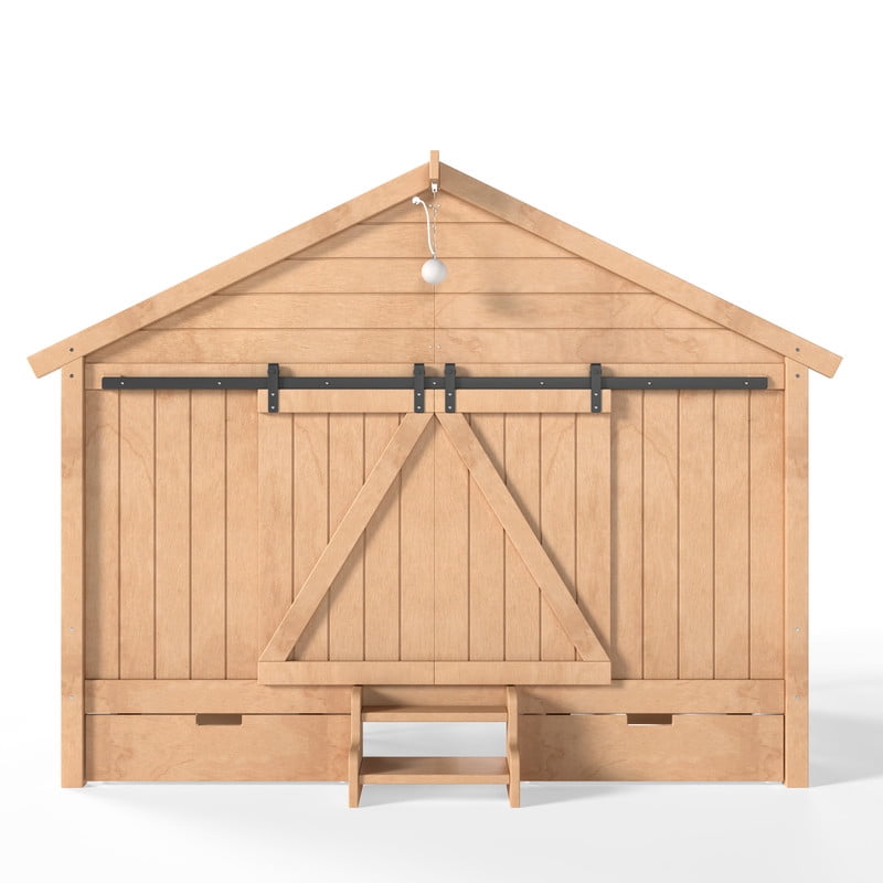 Full Size Farmhouse House Bed with Sliding Barn Doors & Light Bulb, Wood Kid's Platform Bed Frame with Stair & Drawers