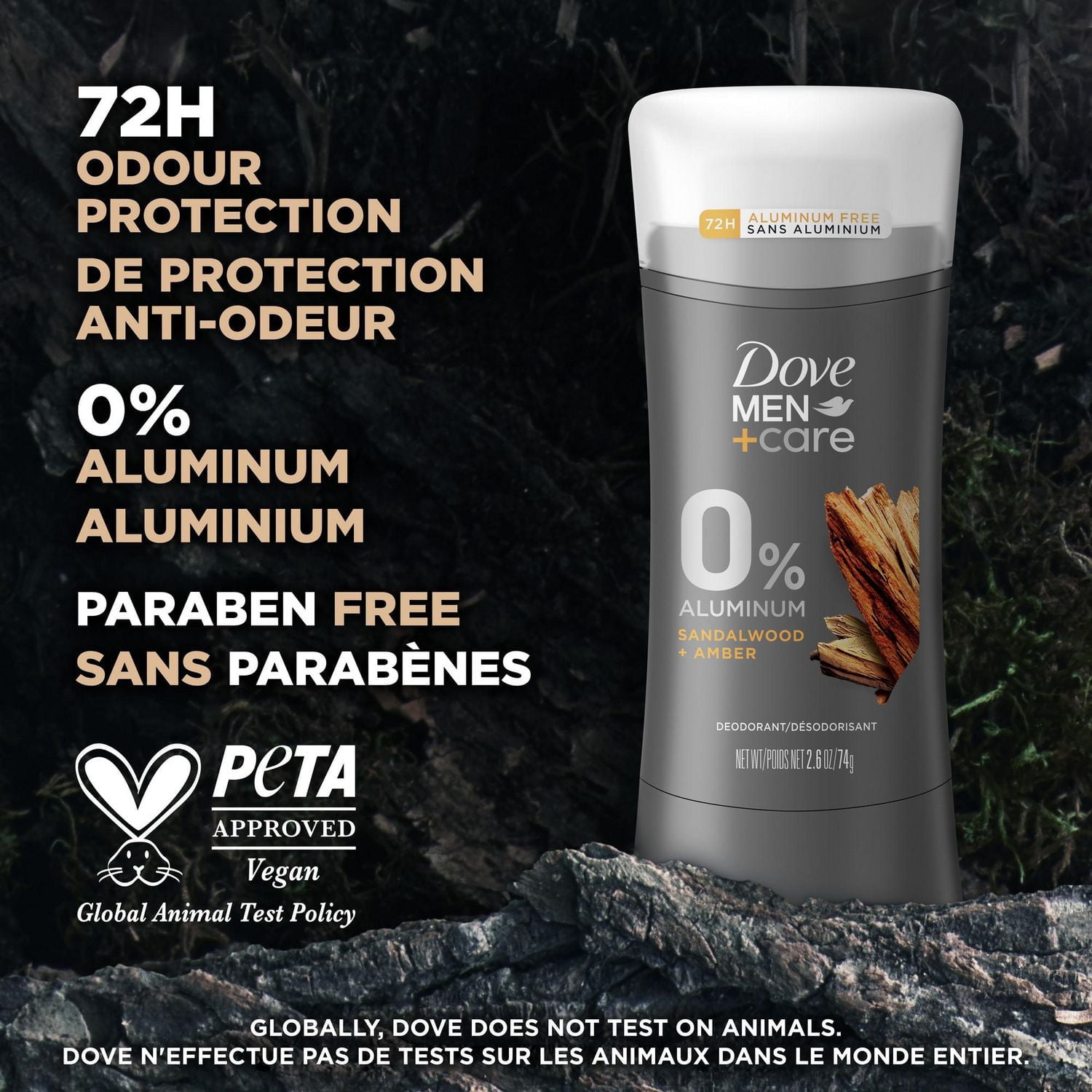 Désodorisant Dove Men+Care 0 % Aluminium Parfum de Bois de Santal et Ambre 74 g Désodorisant