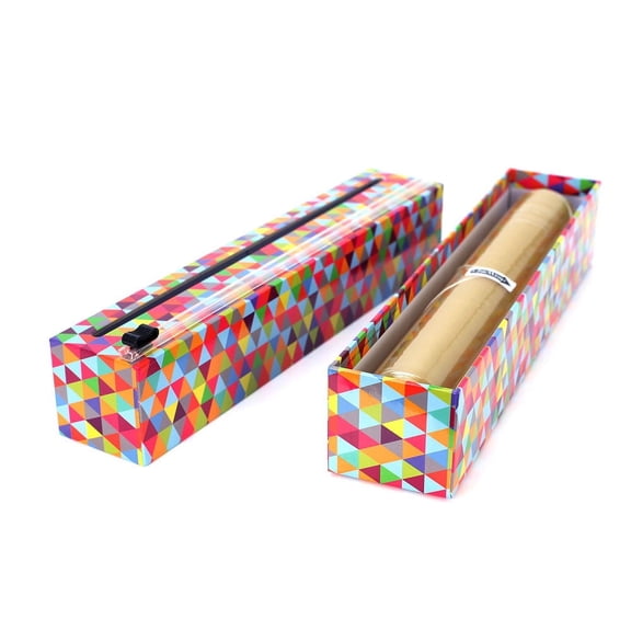 ChicWrap Triangle Plastic Wrap Refillable Dispenser with One 12" x 250' Roll of Professional Grade Plastic Wrap and Modern Geometric Design.