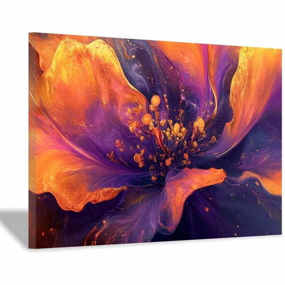 Mudket Purple and Orange Flower with Gold Accents Canvas Wall Art, Framed Floral Print, Ready to Hang Wall Decor for Living Room, Abstract Modern Artwork - 12"L x 8"W