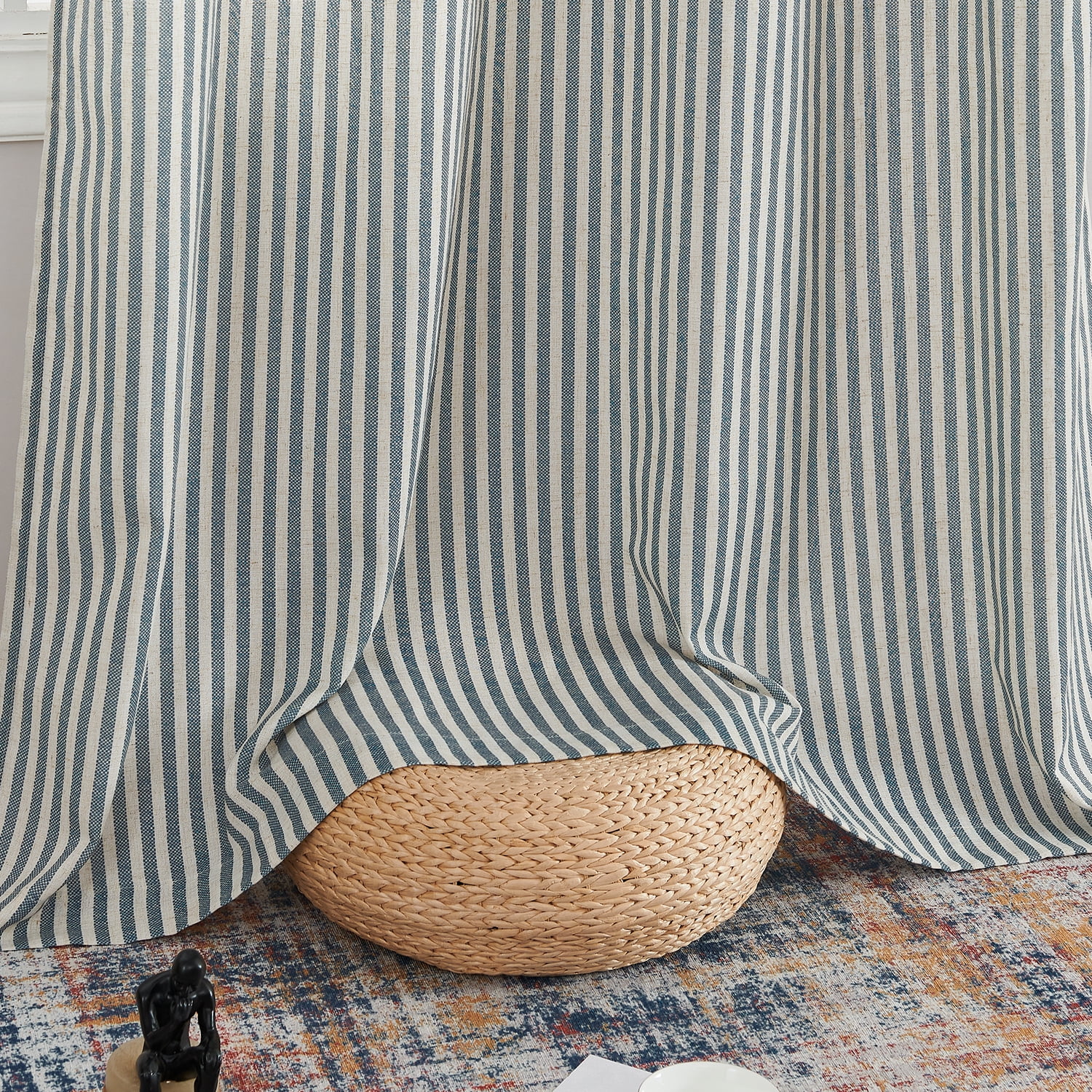 Curtainking Linen Striped Curtains 84 inch Farmhouse Light Filtering Drapes for Living Room Bedroom Grommet Top 2 Panels Blue