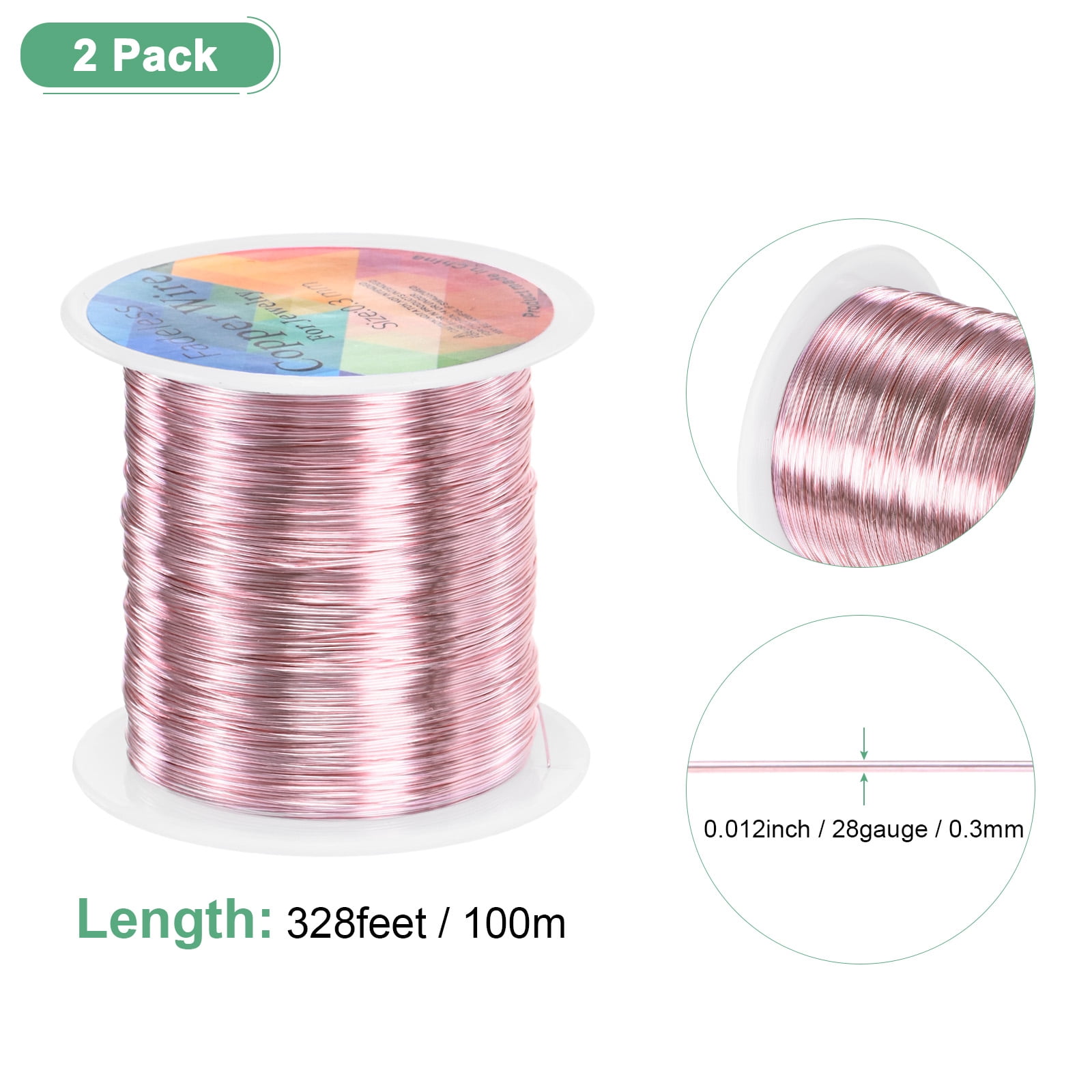 Uxcell 2 Rolls 0.3mm Jewelry Wire 28 Gauge 328FT Copper Beading Wire Jewelry Making Planting Weaving DIY 100M Rose Golden