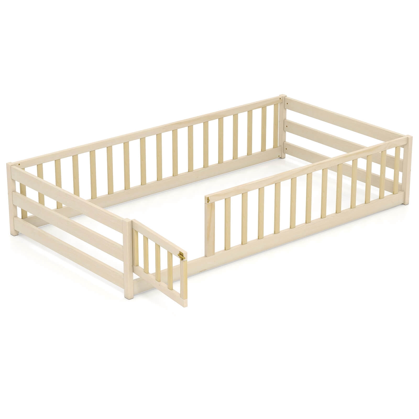 Costway Twin Size Floor Bed with Door & Fence with Safety Guardrails & Slats Support Beige