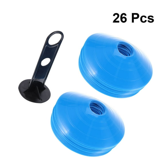 Worgeous 26pcs Football Training Sign Dish Plate Cone Marker Tray Football Training Tray (25pcs Blue Marker Tray, 1pc Black Rack)