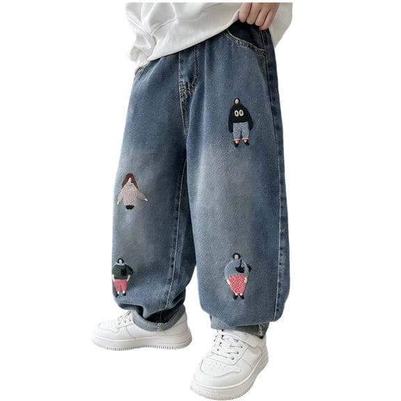 YUSIM Boys Embroidered Jeans- Wide Leg Casual Elastic Waist Baggy Denim Pants Light Blue Size 5-14