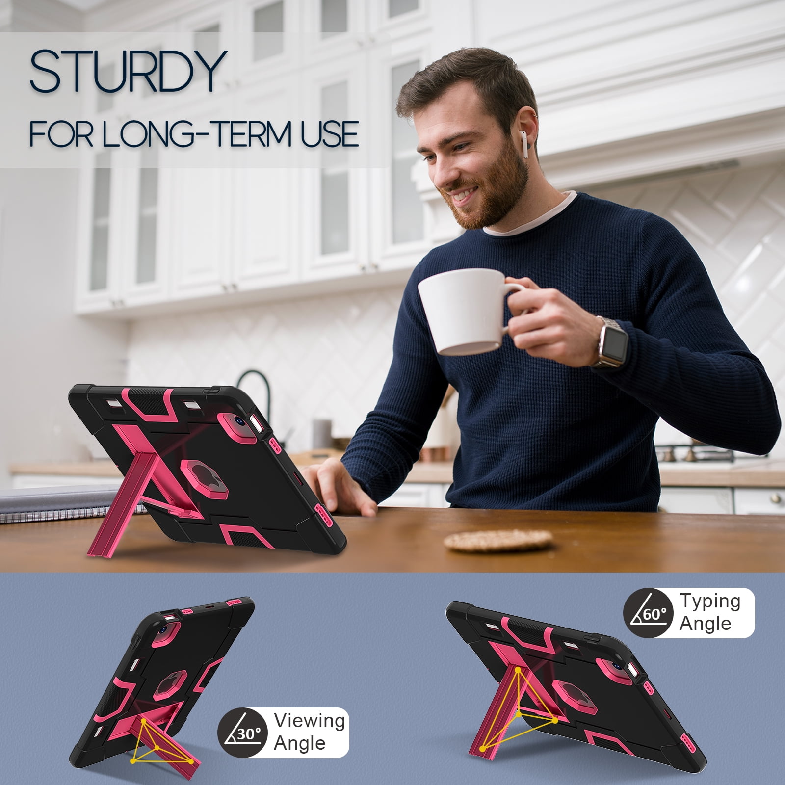 ELEHOLD for iPad Air 11 Inch Case 2024 Release, iPad Air 11 (M2) Case with Pencil Holder and Kickstand, Heavy Duty Shockproof Protective Cover,Black+Rose