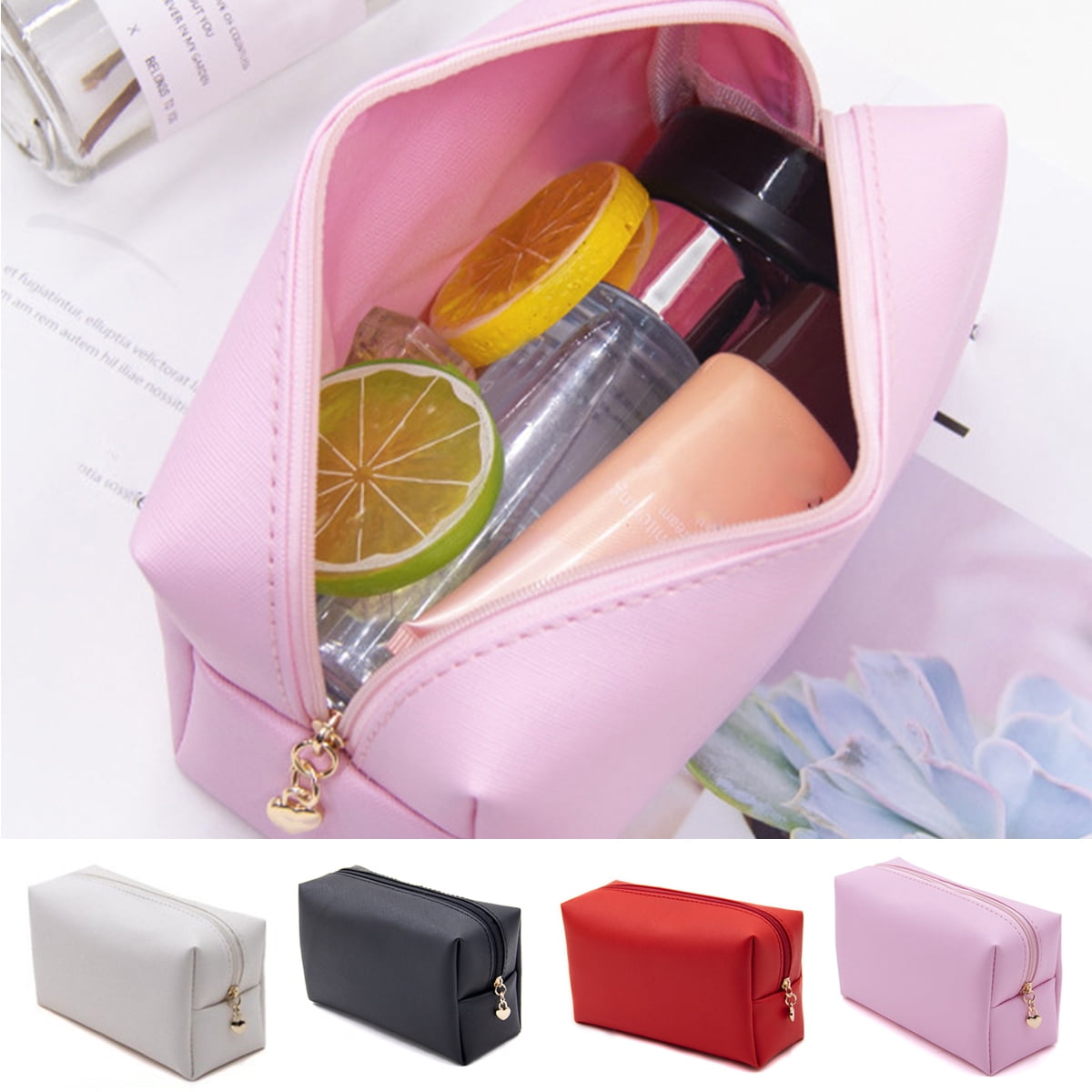 Travel Makeup Bag for Women Pink Checkered Cosmetic Pouch Vegan
