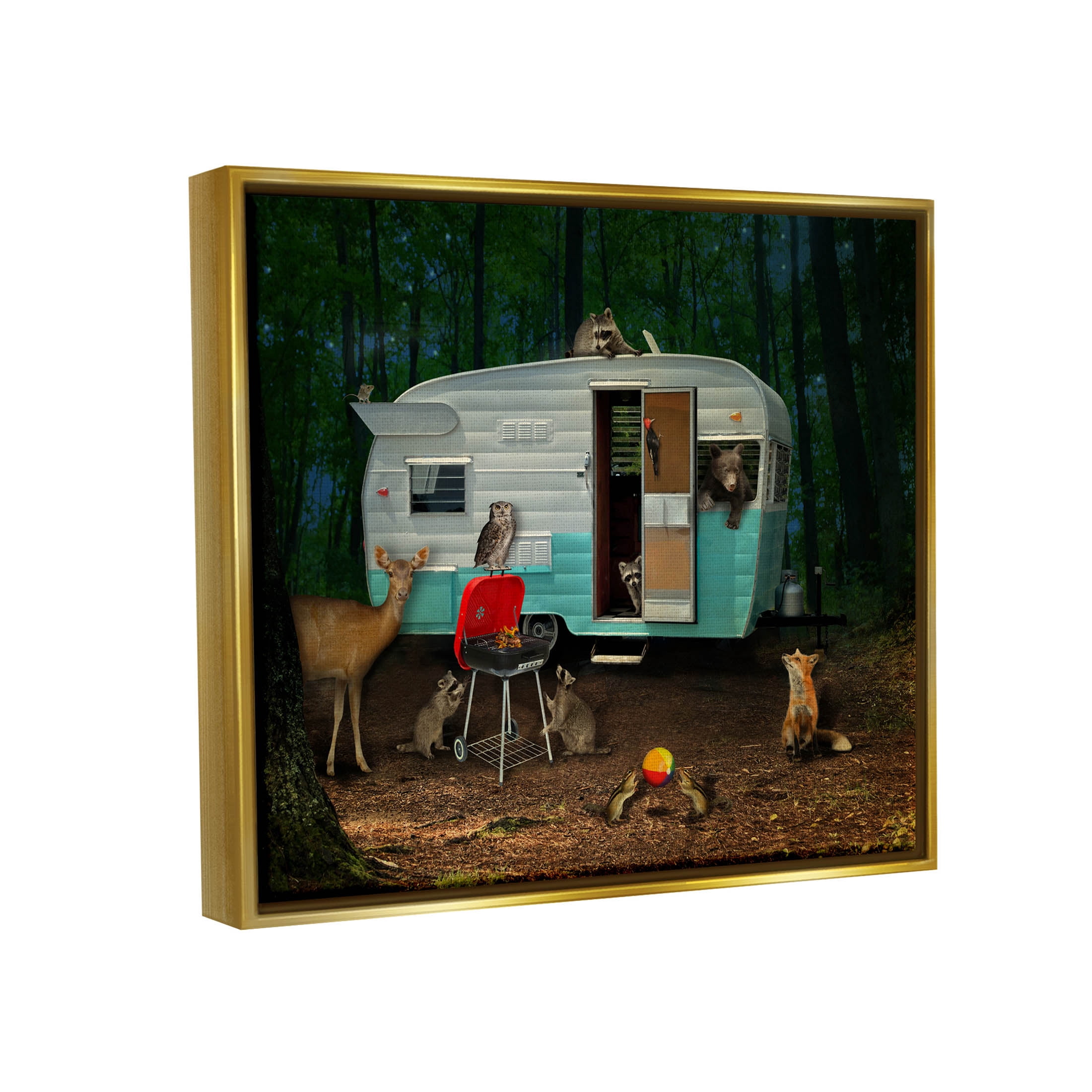 RV Camping Woodland Wildlife Animals Animals & Insects Graphic Art Metallic Gold Framed Art Print Wall Art