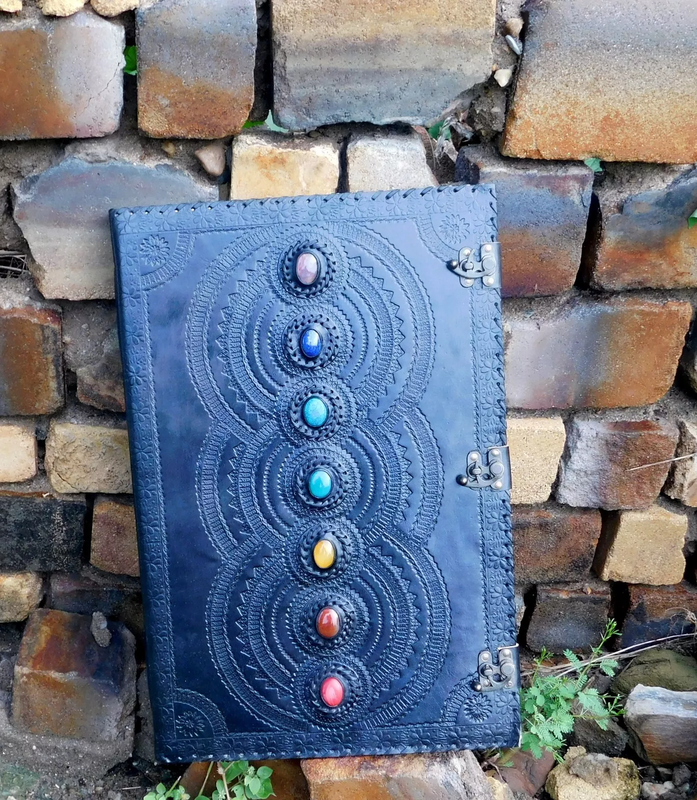 Handcrafted Embossed Design Vintage Leather Bound Journal Seven Stone Grimoire Diary Blank Notebook For Men & Women