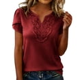 thumbnail image 5 of Otntypg Petal Short Sleeve Tops for Women Dressy Casual Summer Lace Crochet Eyelet Patchwork V Neck Tunic Blouse Trendy Vacation Boho Tshirts Wine XXL, 5 of 10