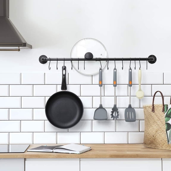 Industrial Wall Mounted Metal Hanging Round Pot Rack, with 14 S Hooks, Black by Oumilen