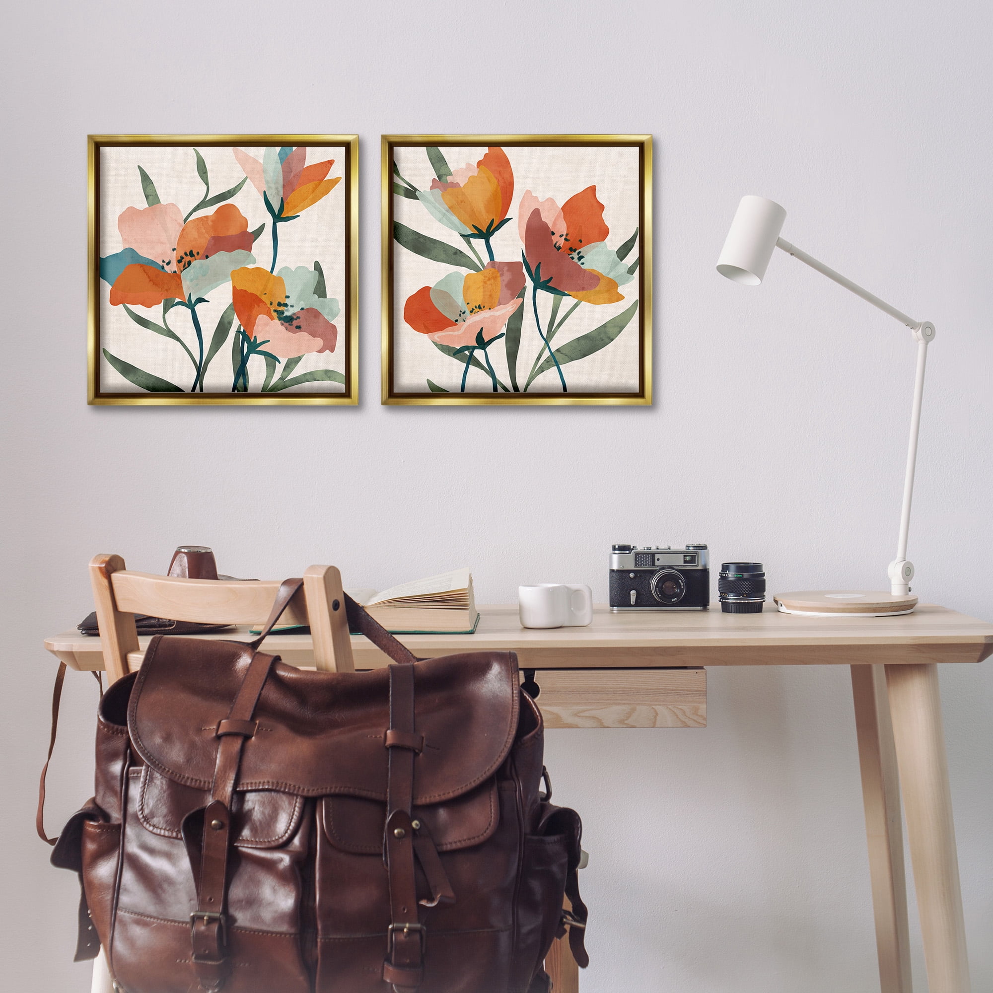 Stupell Industries Summer Bouquet Modern Abstract Botanical & Floral Painting Gold Floater Framed Canvas Art Print Wall Art, 18 x 18, Set of 2