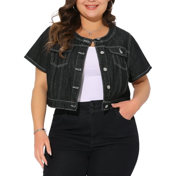 Agnes Orinda Women's Plus Size Cropped Denim Vest Crew Neck Button Down Short Sleeve Casual Jean Jacket with Pocket Decor 1X Black