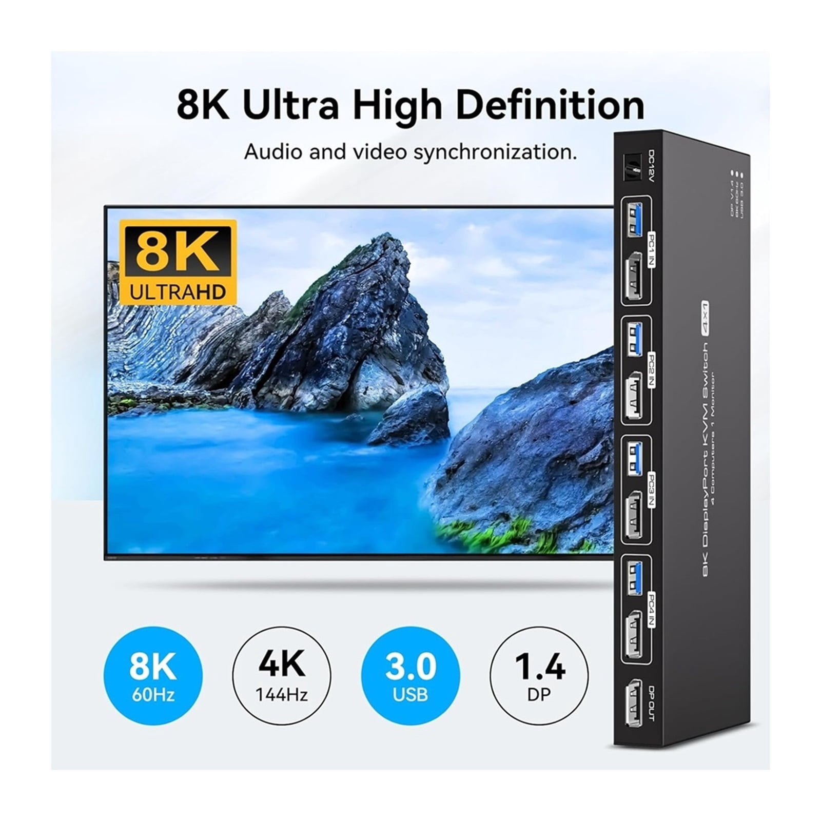 8K Displayport KVM Switch 1 Monitors 4 Computers 4K 144Hz 4x1 DP USB 3.0 KVM Switch
