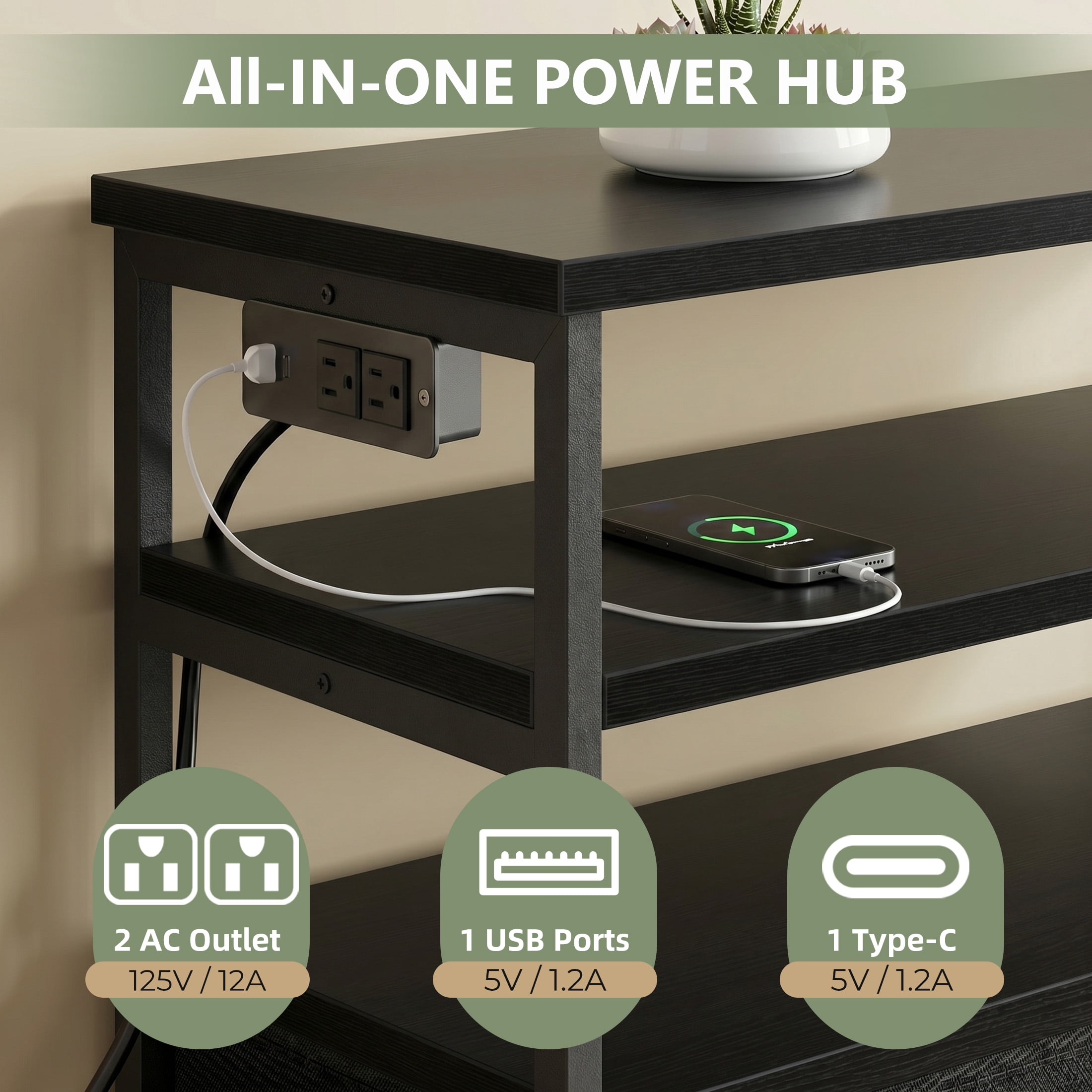 CONCETTA 45 inch TV Stand, 6-Drawer Fabric Dresser with LED Lights and Charging Station, Entertainment Center for Bedroom Living Room Hallway, Black