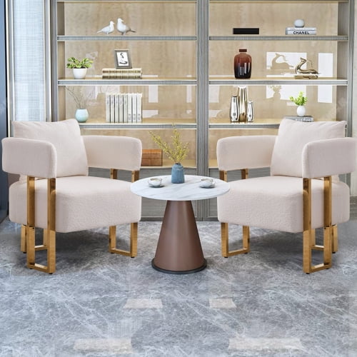Modern Barrel Accent Chairs Set of 2, Living Room Side Chairs with Golden Metal Legs Soft Upholstered Reading Armchairs no Wheels for Vanity/Reception Room//Bedroom/Lounge/Office, White Teddy