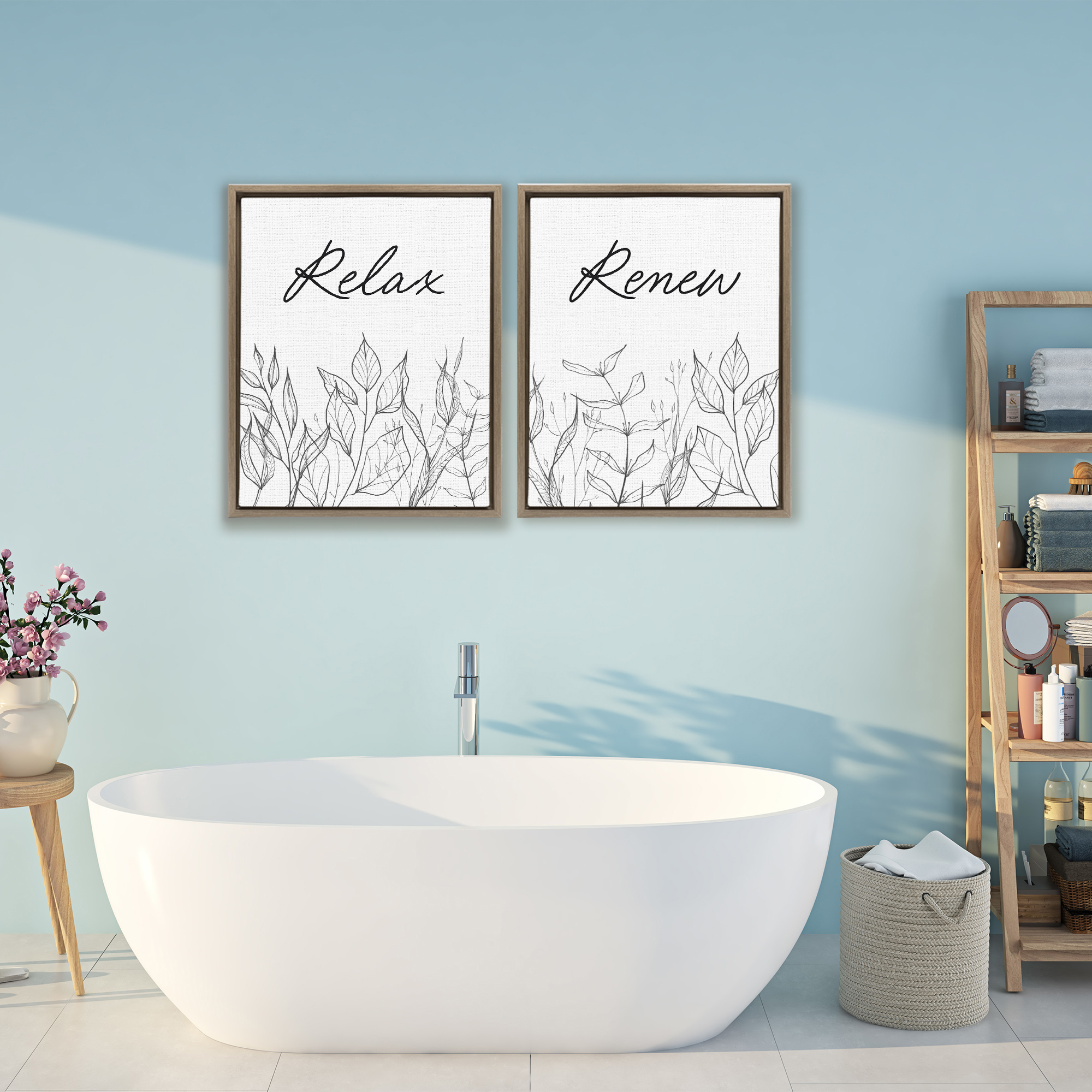 Relax and Renew Leaf Outlines 2 Piece Brown Framed Floater Canvas Set, design by Lettered and Lined