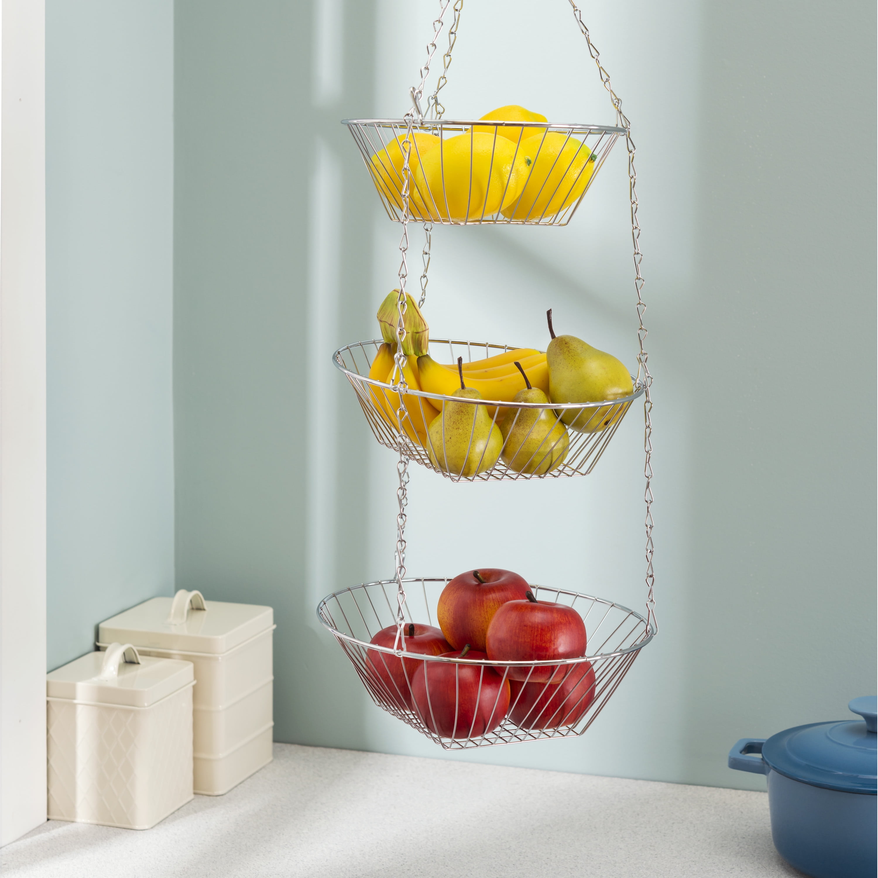 3 Tier Wire Hanging Round Fruit Basket, Chrome