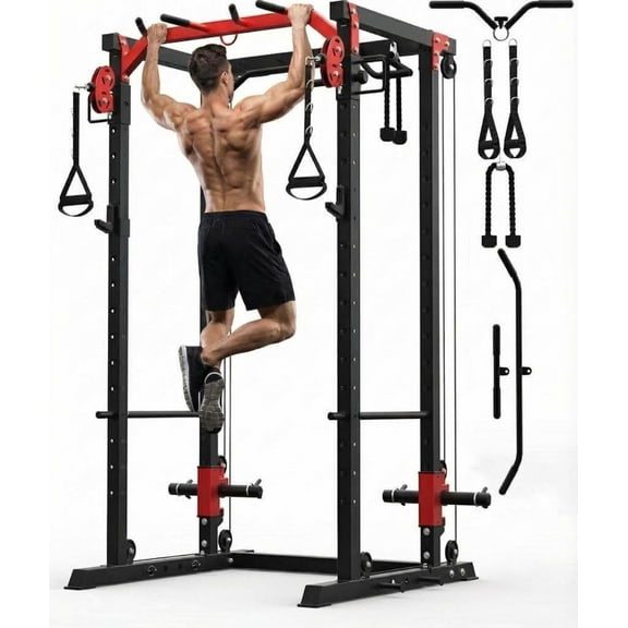 Power Cage, All-in-1 Home Gym with LAT Pulldown & Cable System, 2000LBS Squat Rack for Home & Garage & Apartment Use, Workout Cage with More Attachments