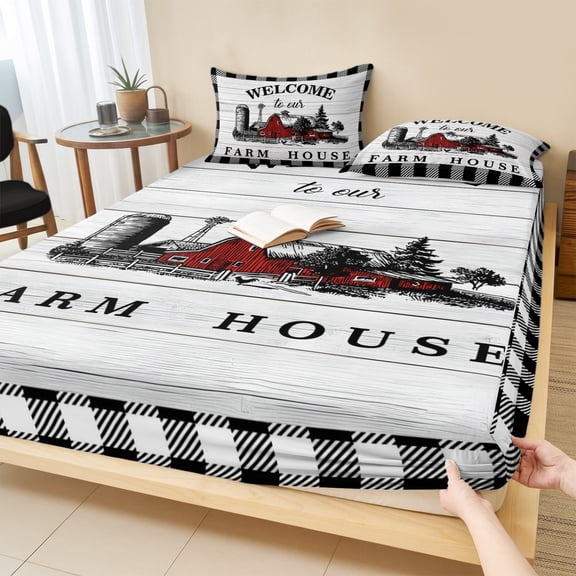 King Size Fitted Sheet Set - Farmhouse Cabin 3 Piece Bedding Sets 16" Deep Pocket Fitted Sheet with 2 Pillowcases, Country Vintage House Wood Grain Pliad Brushed Microfiber Hotel Luxury Bed Sheets