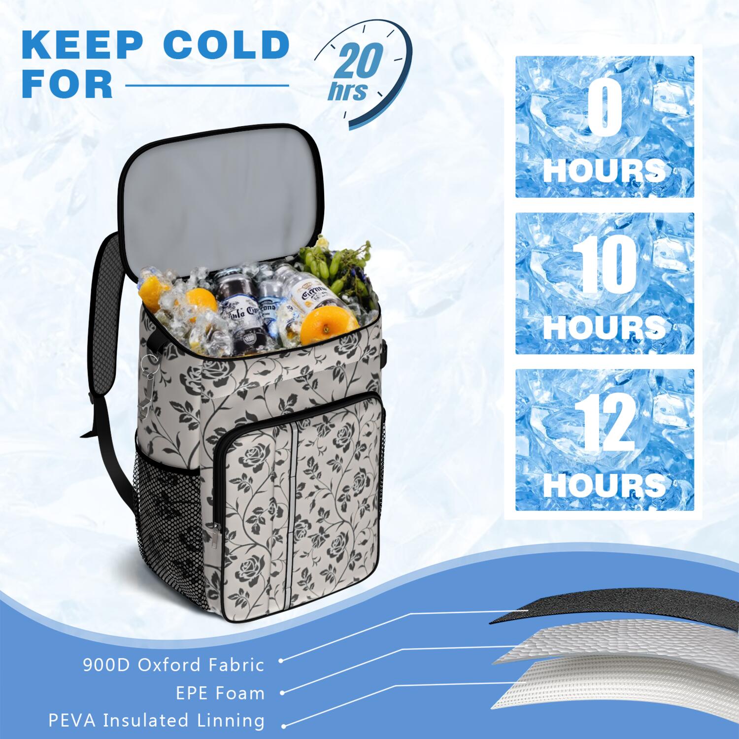 Travel Cooler Bag - Pioneer Flower Floral Print Pattern Camping Beer Cooler Backpack with Bottle Opener- Waterproof Insulated Picnic Backpacks - Cooler Bag for Beach