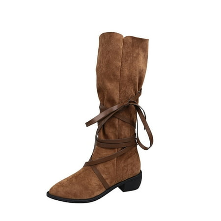 

Womens Fashion Winter Boots Pointed Toe Mid Calf Boots Strappy Lace Up Pull On Boots Chunky Block Heel Comfy Shoes