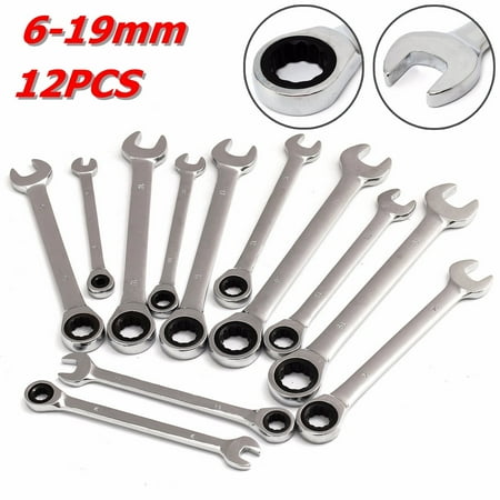 12pcs Steel Silver Metric Spanner Wrench Ratchet Ring Open End Ring Box Kit Set - 0.24-0.75 inches 12 Different Sizes Polished chrome Mechanic Mixed Tool for Car Garage