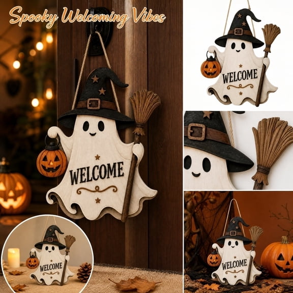 Halloween Home Decor, Halloween Hanging Decorations, Halloween Decorations for Home, Outdoor Halloween Decorations, Ghost Decorations, 12X12 Inch Charming Wooden Ghost Welcome