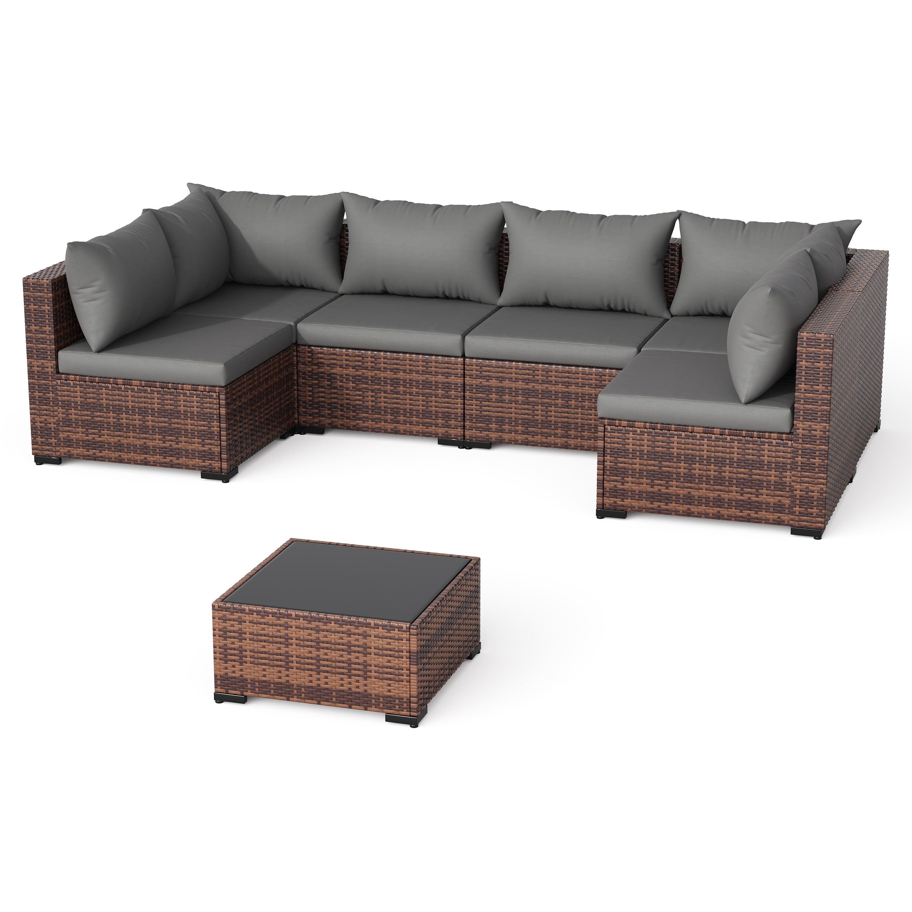 ELPOSUN 7 Pieces Patio Furniture Set All Weather Outdoor Sectional Sofa, Outdoor Modern Sectional Furniture Wicker Couch with Glass Coffee Table, Thicken Gray Cushions, Water Resistant