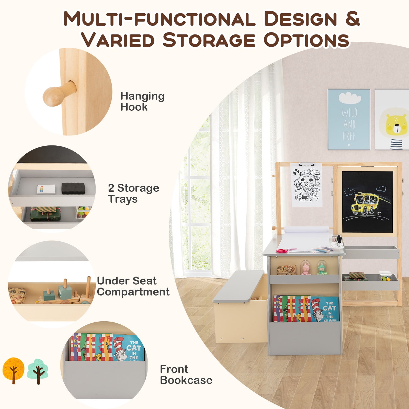 Topbuy Kids Art Easel & Table & Bench Set Multifunctional Art Center Desk with Ample Storage Adjustable Double-Sided Easel Replaceable Paper Roll Gray