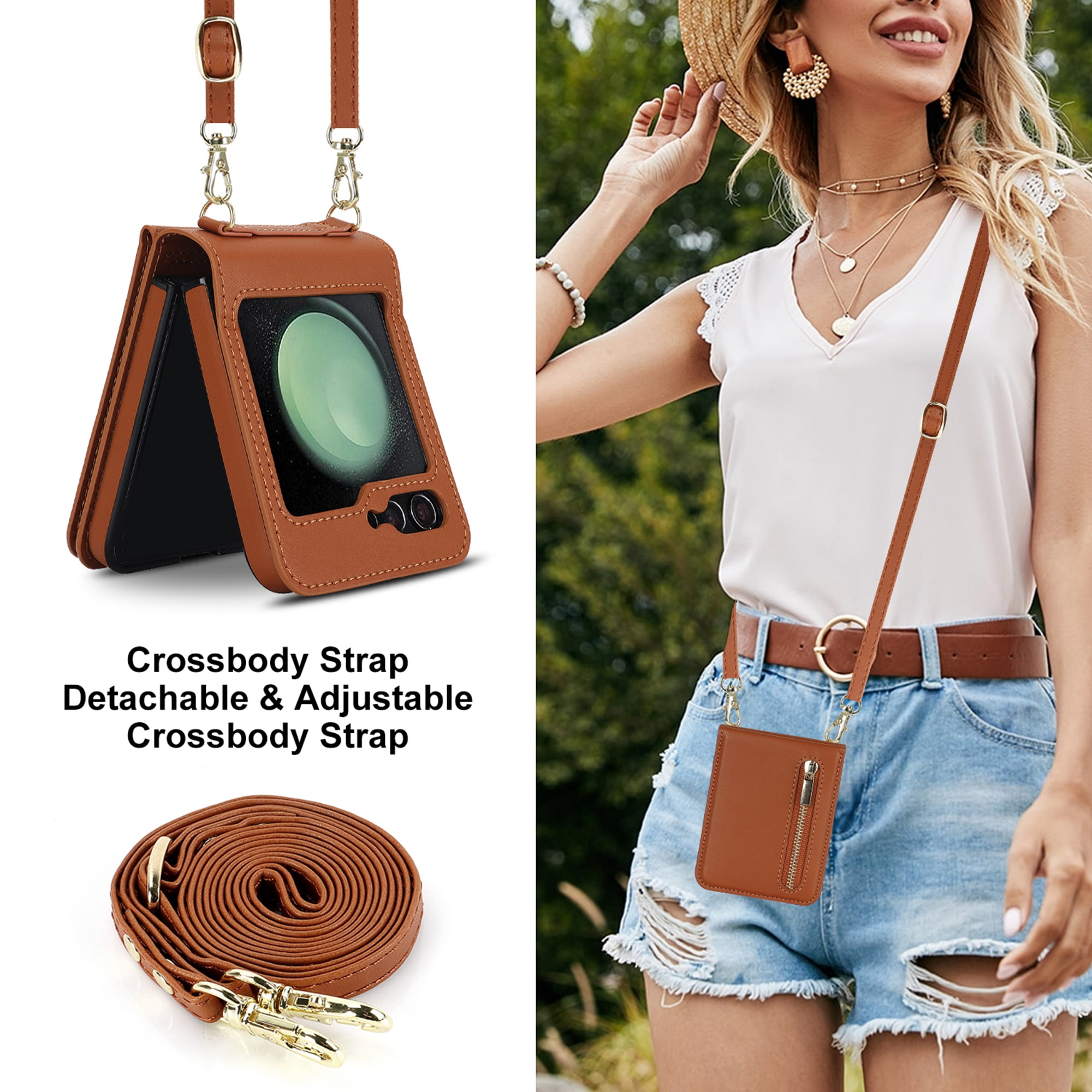 Decase for Samsung Galaxy Z Flip 5 Luxury Zipper Wallet Phone Case, Multi-Function Kickstand Card Holder Adjustable Fashion Flip Cover Case with Crossbody Strap for Samsung Z Flip 5 5G,Brown