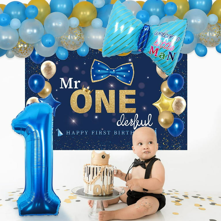 Boys 1st Birthday Decoration Mr. Onederful Birthday Party Supplies 1st Happy Birthday Backdrop Photography Background with Balloons for Baby Toddler