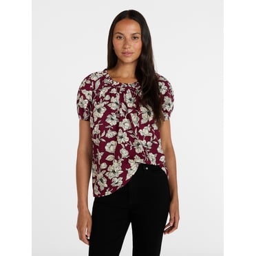 Time and Tru Women's Ruffle Neck Cotton Top with Short Puff Sleeves, Sizes XS-XXXL